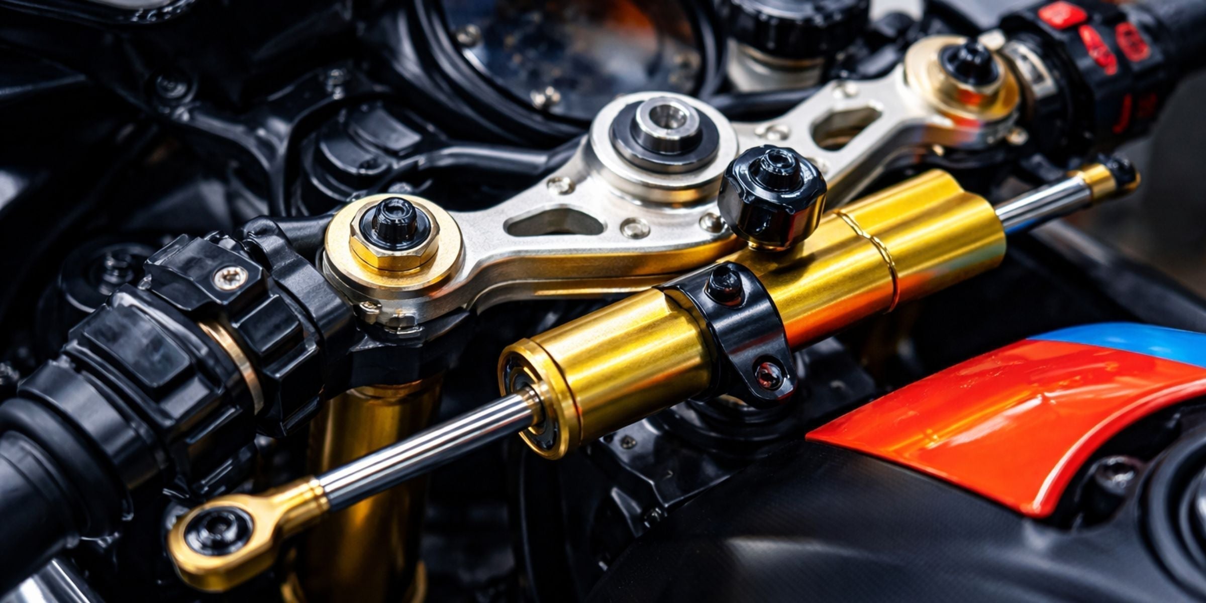 Amortiguador de dirección ajustable en acabado dorado instalado en motocicleta de competición con kit de suspensión premium