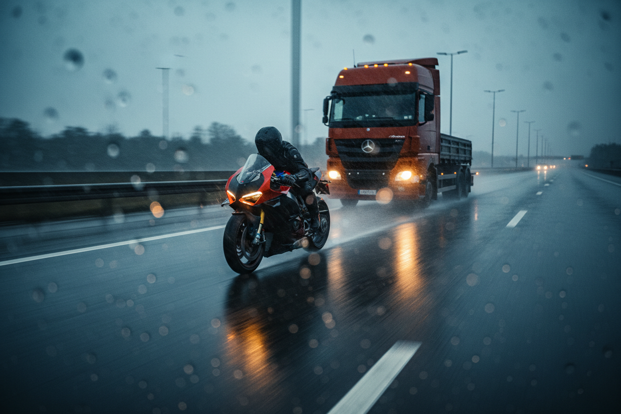 Moto en maniobra de adelantamiento bajo lluvia intensa — tracción máxima sobre asfalto degradado